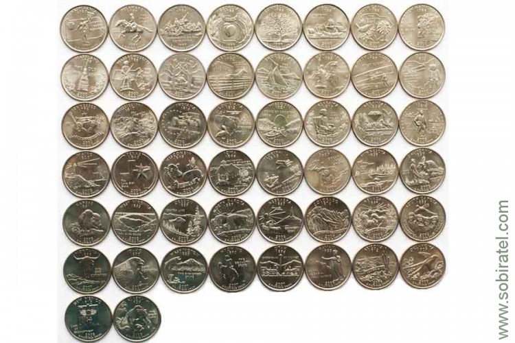 1999-2008. 25 центов США Штаты Америки, комплект 50 монет