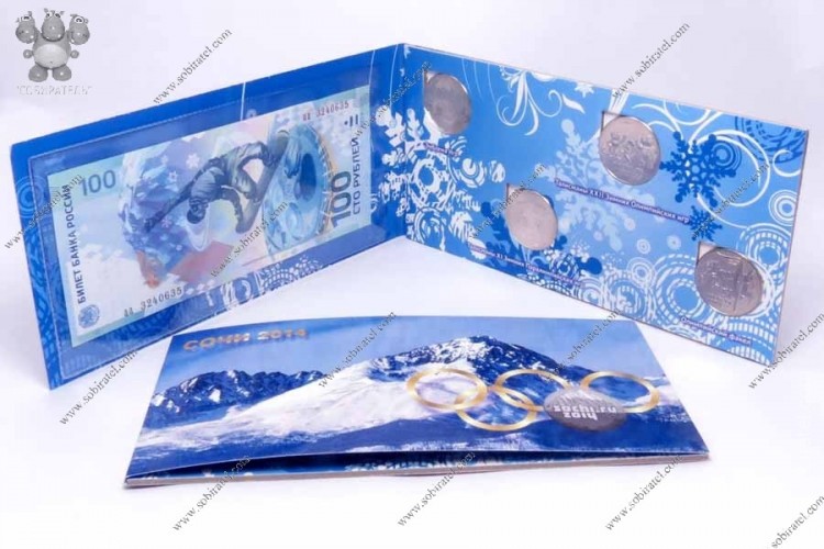2014. Олимпиада в Сочи-2014, набор 4 монеты и банкнота в буклете