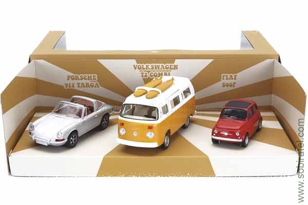 Набор 3 модели: Porsche 911 Targa Spider 1969, FIAT 500 1965, Volkswagen T2b кемпер 1962
