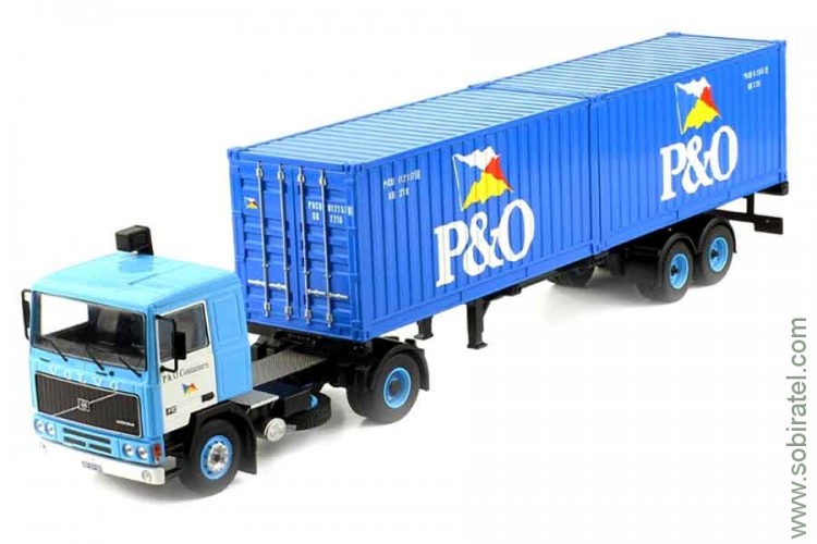Volvo F10 с полуприцепом-контейнеровозом P&O 1983 голубой с синими контейнерами (iXO 1:43)