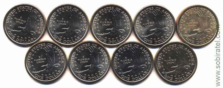 США. Набор 9 монет 1 доллар 2000-2008 гг. Парящий орёл, Сакагавея
